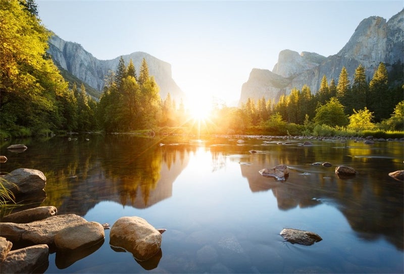 AOFOTO 7x5ft Nature Mountain Forest Backdrop Valley Sunrise Landscape Photography Background Pine Tree River Natural Park Lake Scenic Outdoor Hiking Camping Vinyl Wallpaper Portrait Photoshoot Prop - Image 1